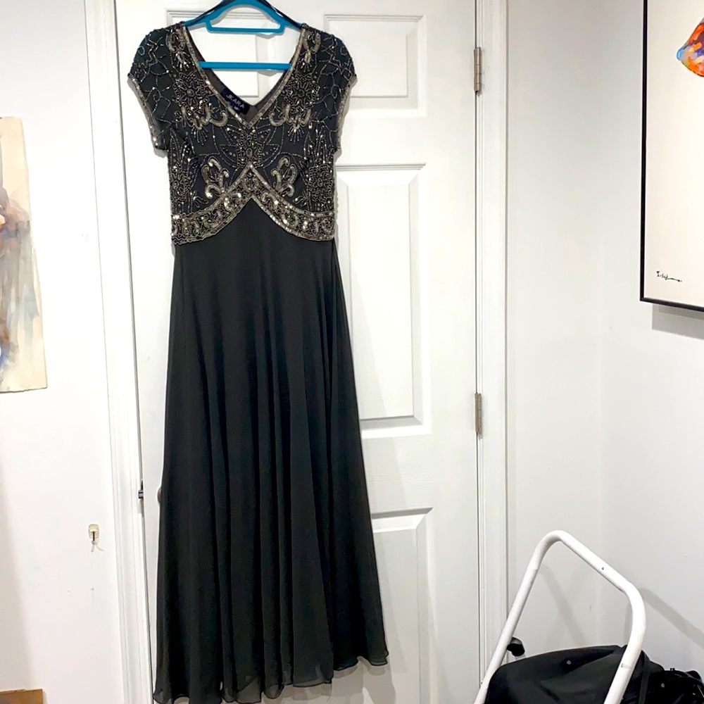 Gunmetal gray with silver beaded bodice